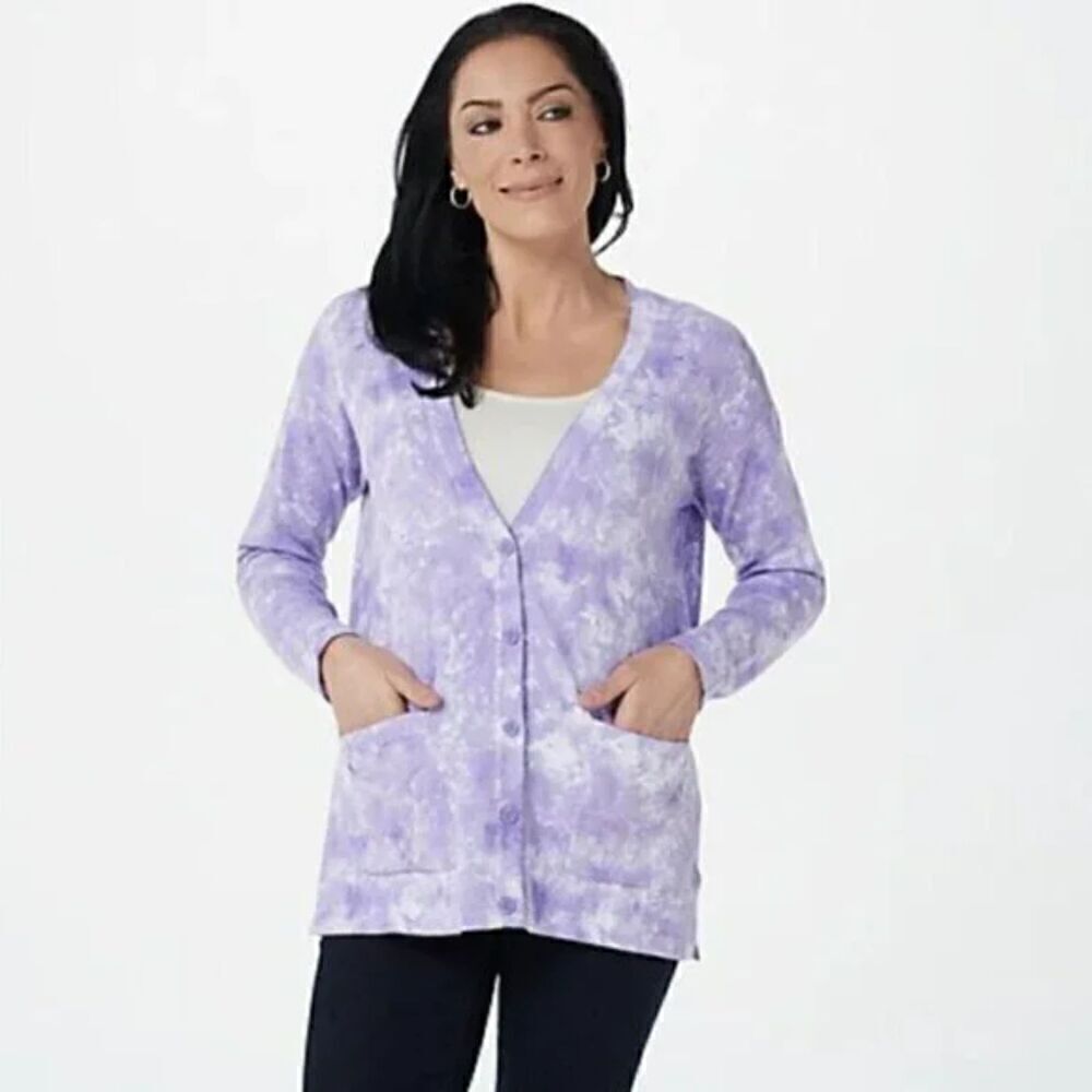 Isaac Mizrahi Purple/White Tie Dye Marbled Cotton Blend Knit Cardigan size 2X
